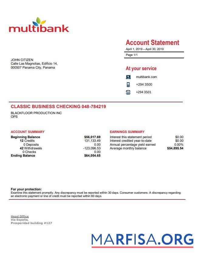 Downloadable Panama Multibank bank statement word download for verification